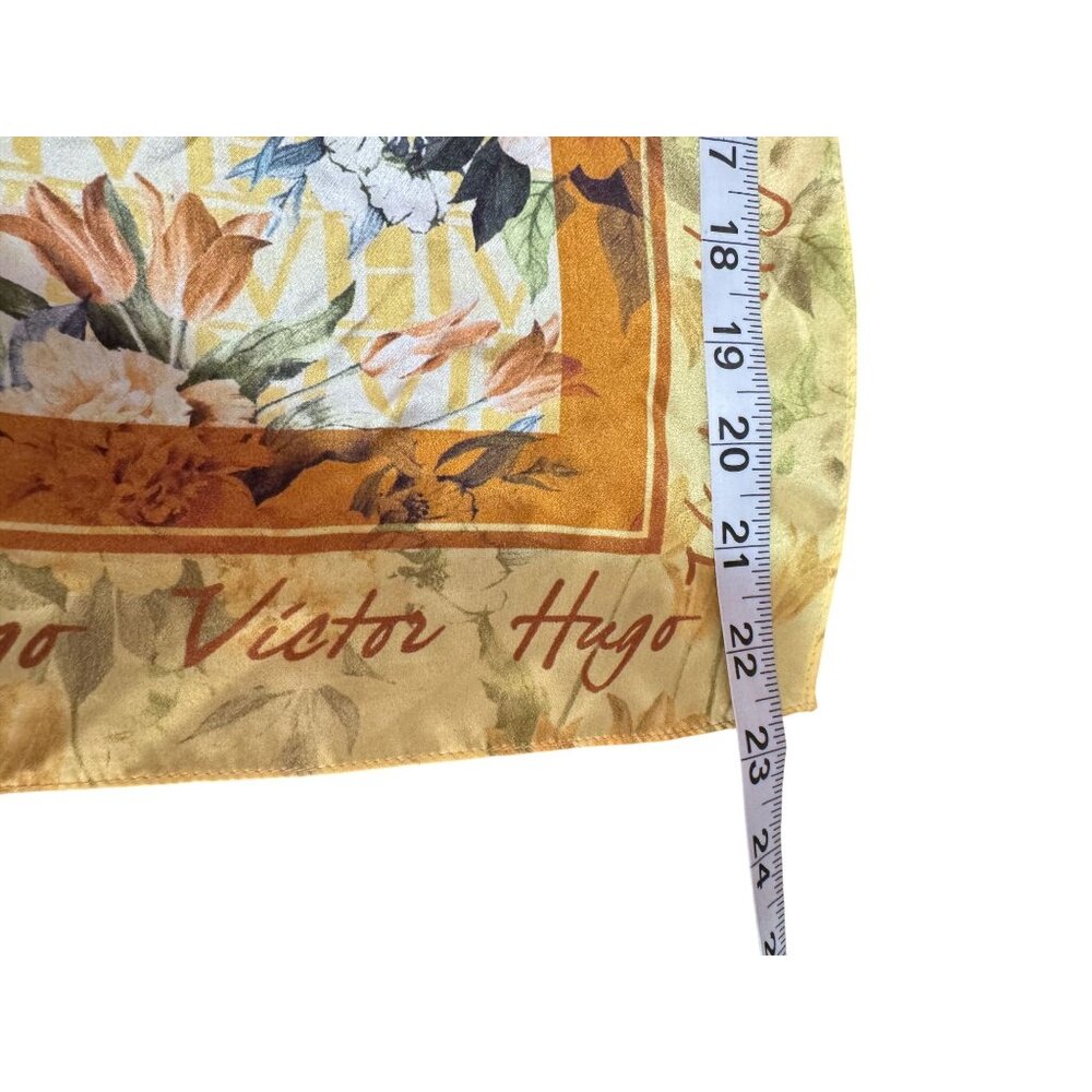 Vintage Victor Hugo Womens Floral Silk Scarf Yellow Botanical Monogram 60cm - Picture 6 of 7